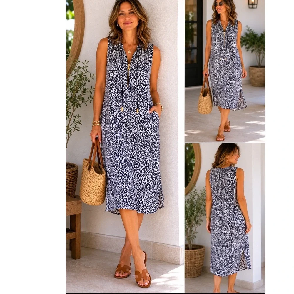 NWT Michael Kors Ivy Leaf Print Half Zip Sleeveless Shift Dress‎ BLACK White